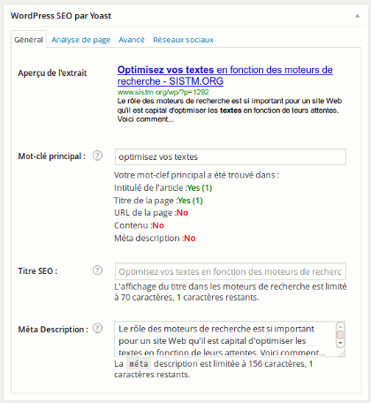 Aperçu de la page principale de WordPress SEO